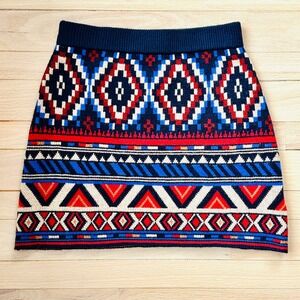 FARM Rio Sweater Knit Mini Skirt Geometric Tribal Print Blue Red M
